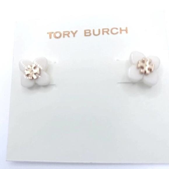 NWOT Tory Burch Gold Logo White Enamel Flower Stud Earrings - Picture 5 of 6